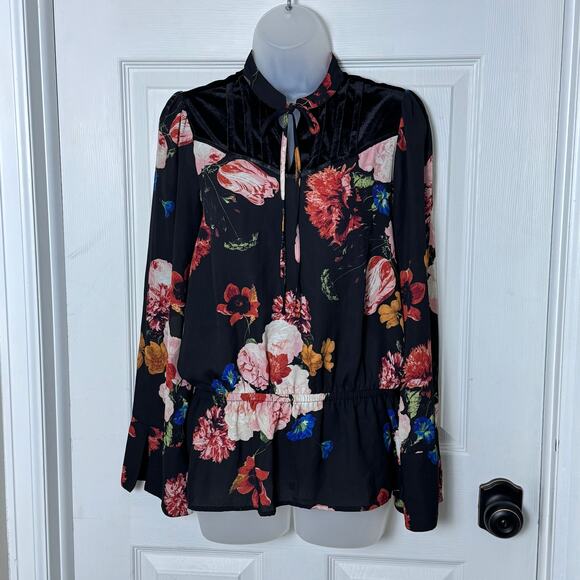 Worthington Tops - Worthington Floral Peplum Blouse Tie Neck Velvet Yoke Long Sleeve Work Top